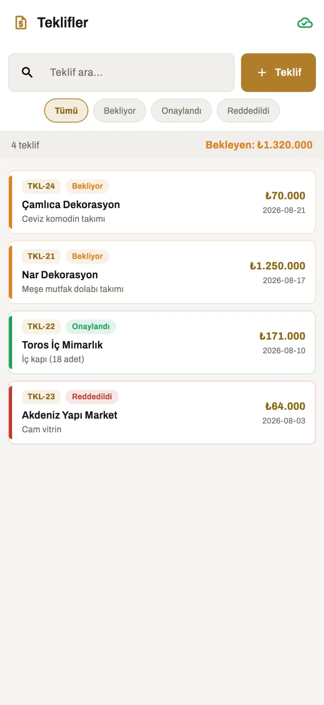 Teklif ekranı: kalem kalem fiyatlandırma ve PDF çıktısı